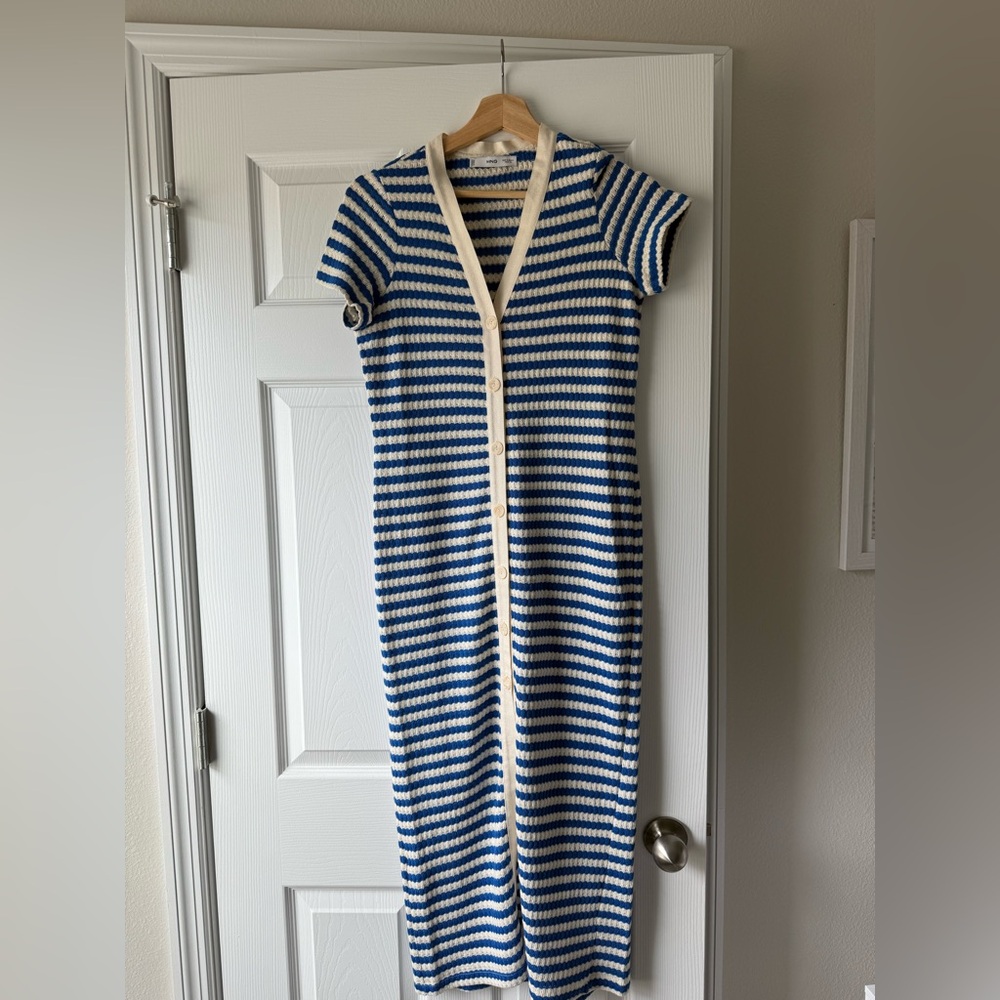 Mango Blue and White Striped Maxi Dress Jersey, NWT